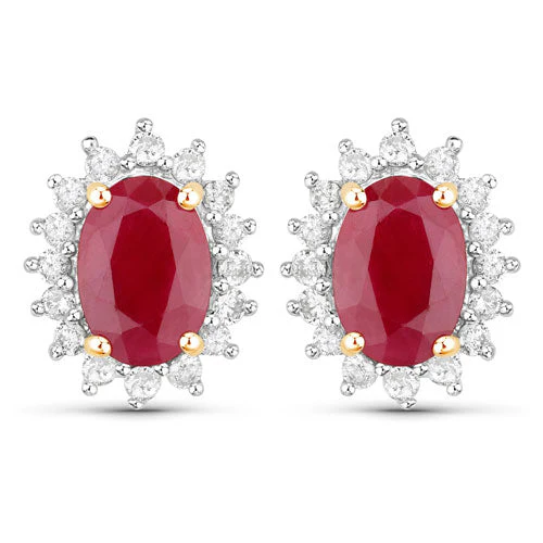 2.02 Carat Genuine Ruby and White Diamond 14K Yellow Gold Earrings