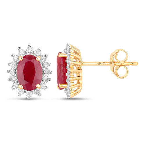 2.02 Carat Genuine Ruby and White Diamond 14K Yellow Gold Earrings - Image 2