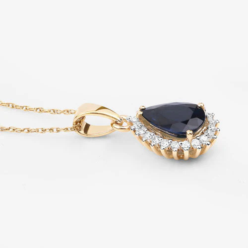 2.09 Carat Genuine Blue Sapphire and White Diamond 14K Yellow Gold Pendant - Image 11