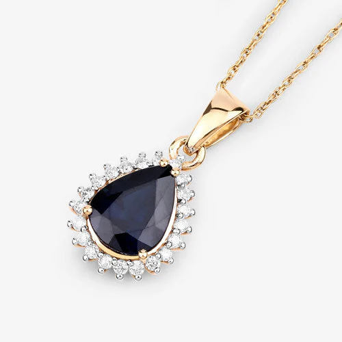 2.09 Carat Genuine Blue Sapphire and White Diamond 14K Yellow Gold Pendant - Image 13
