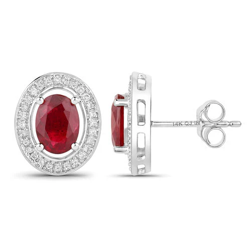 2.12 Carat Genuine Ruby and White Diamond 14K White Gold Earrings - Image 2