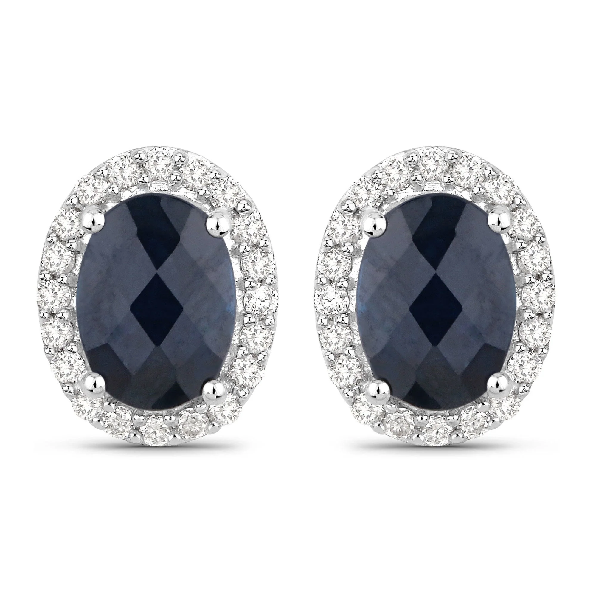 2.16 Carat Genuine Blue Sapphire and White Diamond 14K White Gold Earrings