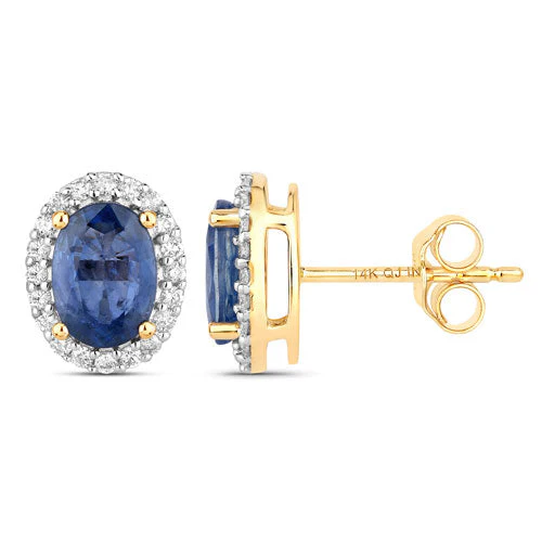 2.16 Carat Genuine Blue Sapphire and White Diamond 14K Yellow Gold Earrings - Image 2