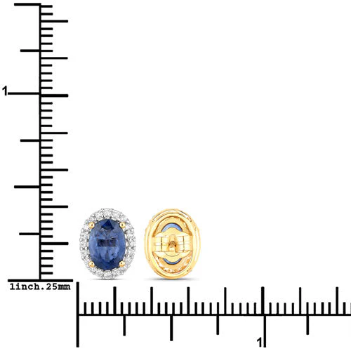 2.16 Carat Genuine Blue Sapphire and White Diamond 14K Yellow Gold Earrings - Image 3