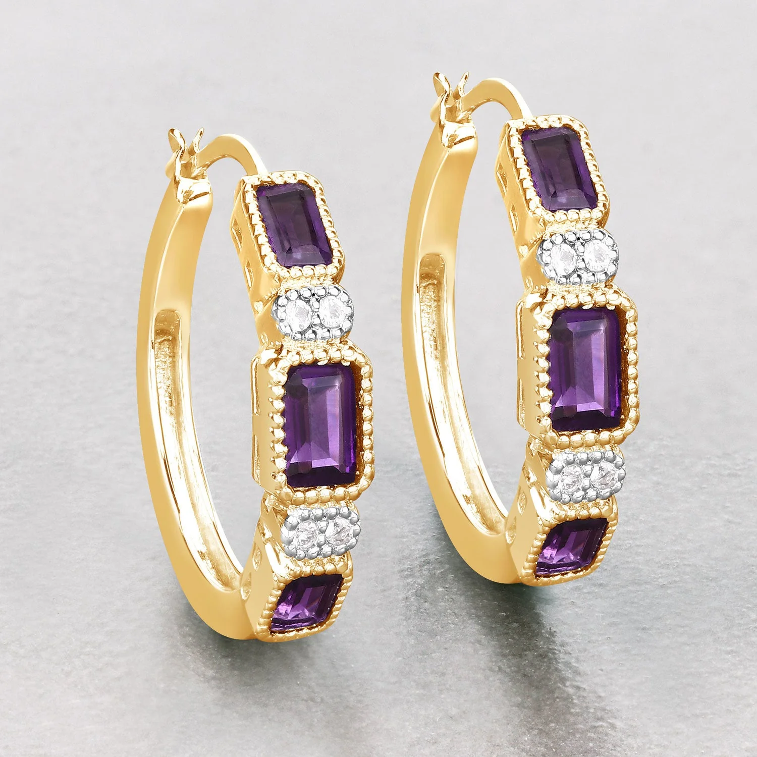 2.18 Carat Genuine Amethyst and White Topaz .925 Sterling Silver Earrings - Image 2