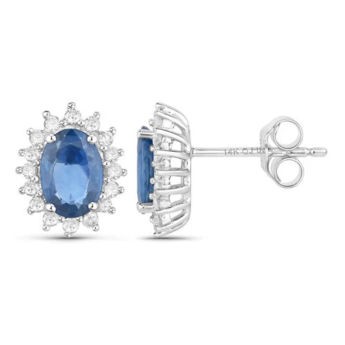 2.22 Carat Genuine Blue Sapphire and White Diamond 14K White Gold Earrings - Image 2