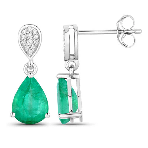 2.28 Carat Genuine Zambian Emerald and White Diamond 14K White Gold Earrings - Image 2