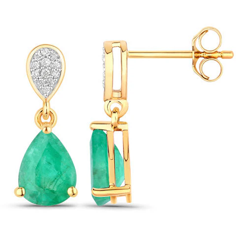2.28 Carat Genuine Zambian Emerald and White Diamond 14K Yellow Gold Earrings - Image 2