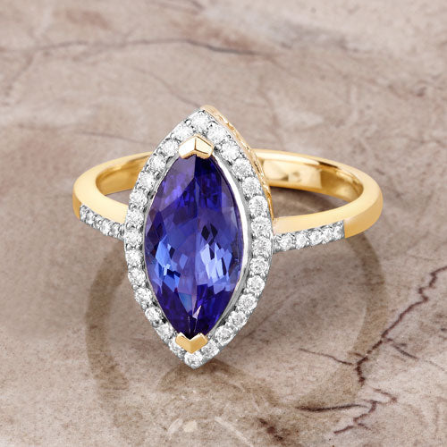 2.33 Carat Genuine Tanzanite and White Diamond 14K Yellow Gold Ring - Image 5