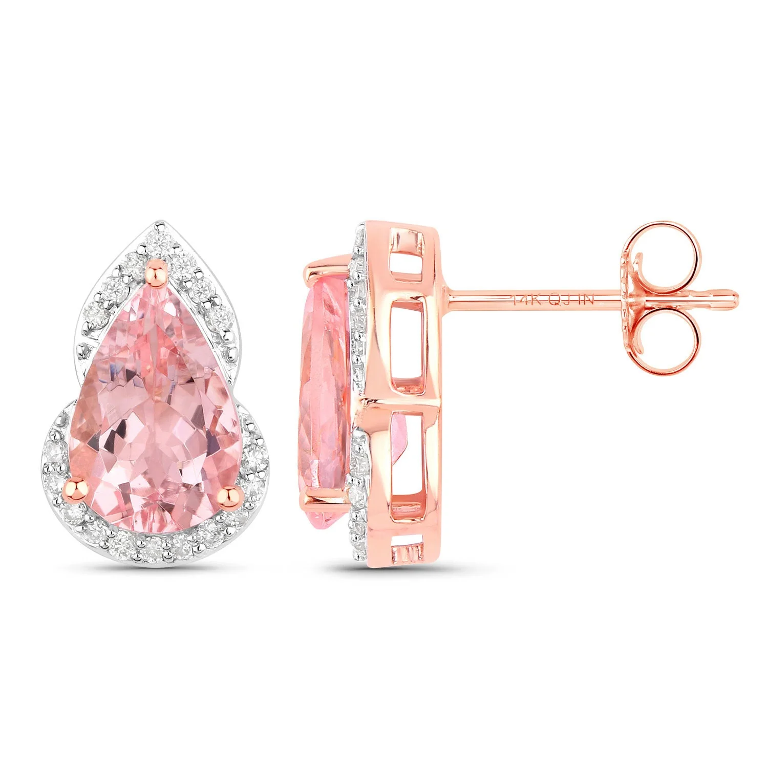 2.37 Carat Genuine Morganite and White Diamond 14K Rose Gold Earrings - Image 2