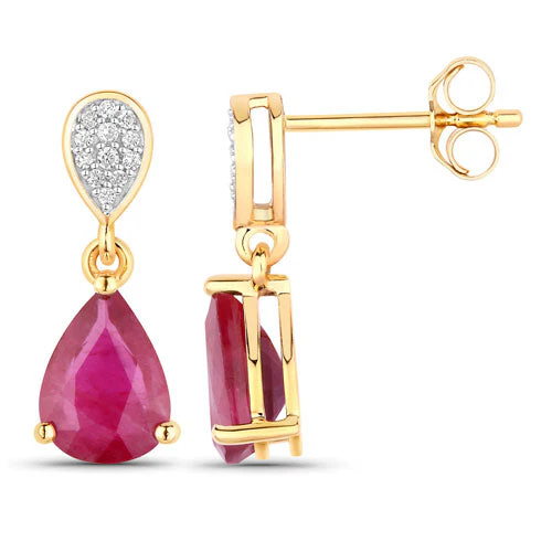 2.46 Carat Genuine Ruby and White Diamond 14K Yellow Gold Earrings - Image 2
