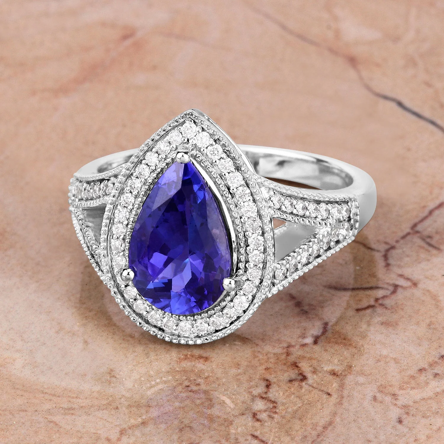 2.60 Carat Genuine Tanzanite and White Diamond 14K White Gold Ring - Image 2
