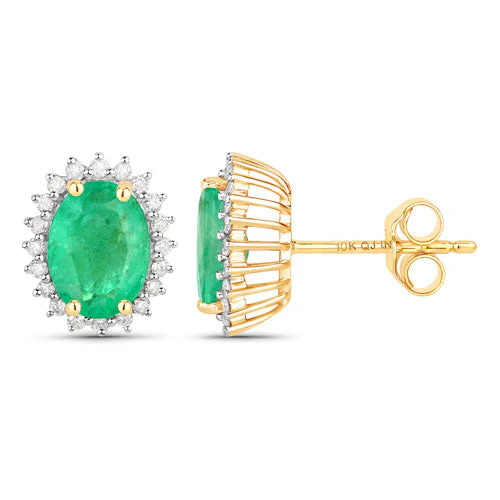2.66 Carat Genuine Zambian Emerald and White Diamond 10K Yellow Gold Earrings - Image 2