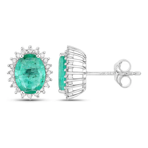 2.66 Carat Genuine Zambian Emerald and White Diamond 14K White Gold Earrings - Image 6