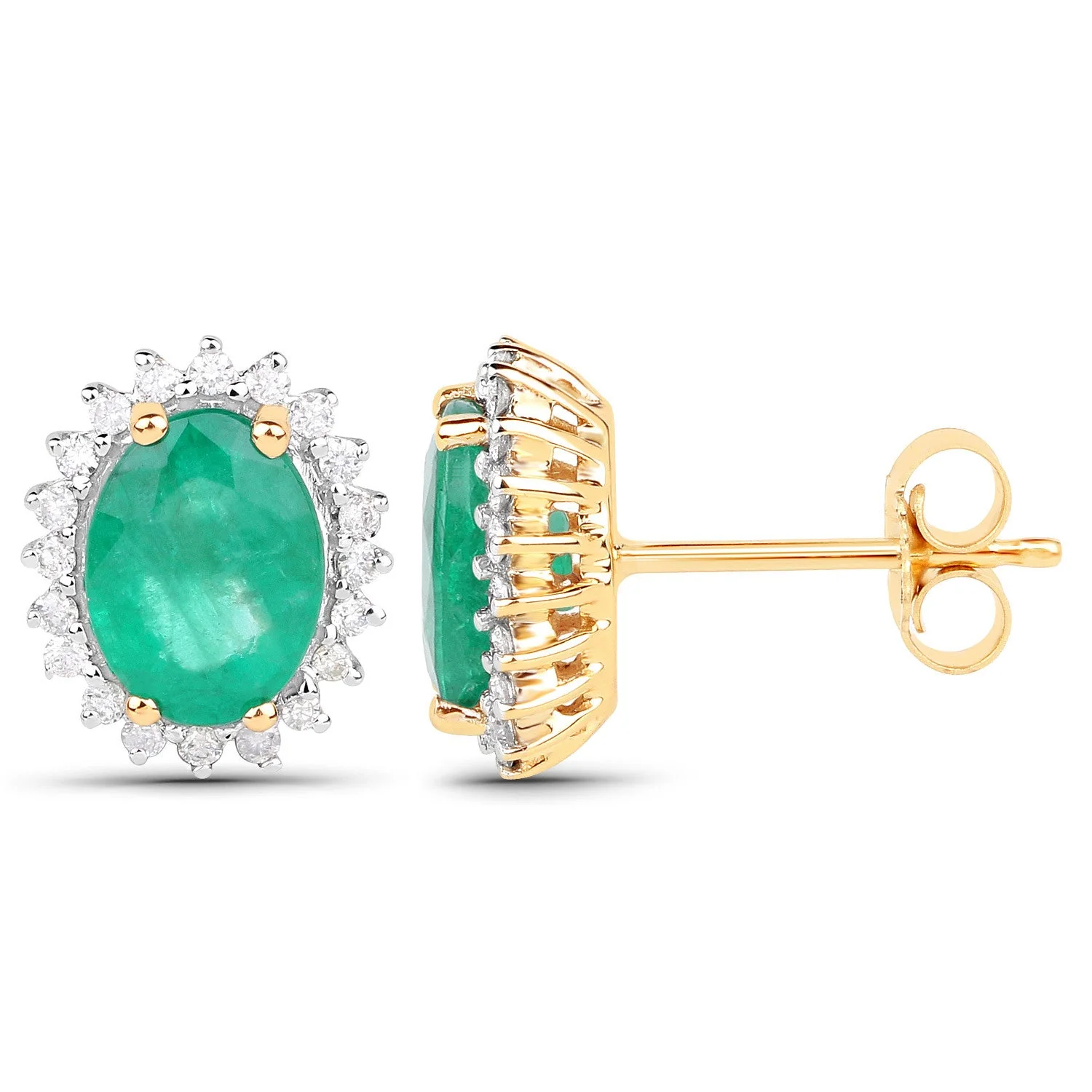 2.66 Carat Genuine Zambian Emerald and White Diamond 14K Yellow Gold Earrings - Image 2