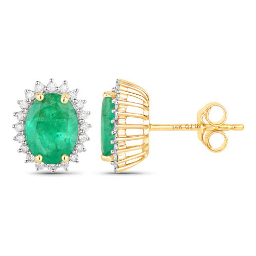 2.66 Carat Genuine Zambian Emerald and White Diamond 14K Yellow Gold Earrings - Image 5