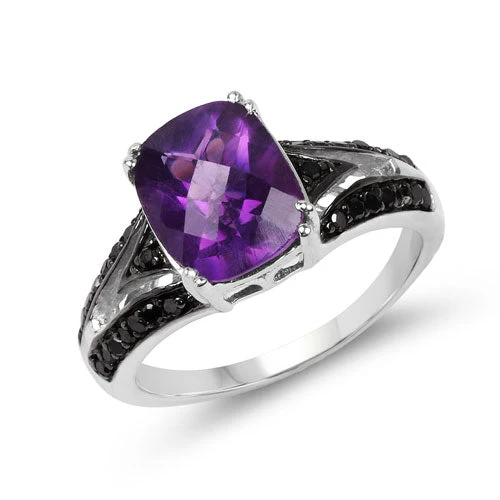 2.87 Carat Genuine Amethyst and Black Diamond .925 Sterling Silver Ring - Image 5
