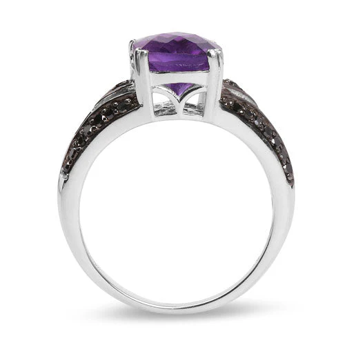 2.87 Carat Genuine Amethyst and Black Diamond .925 Sterling Silver Ring - Image 6