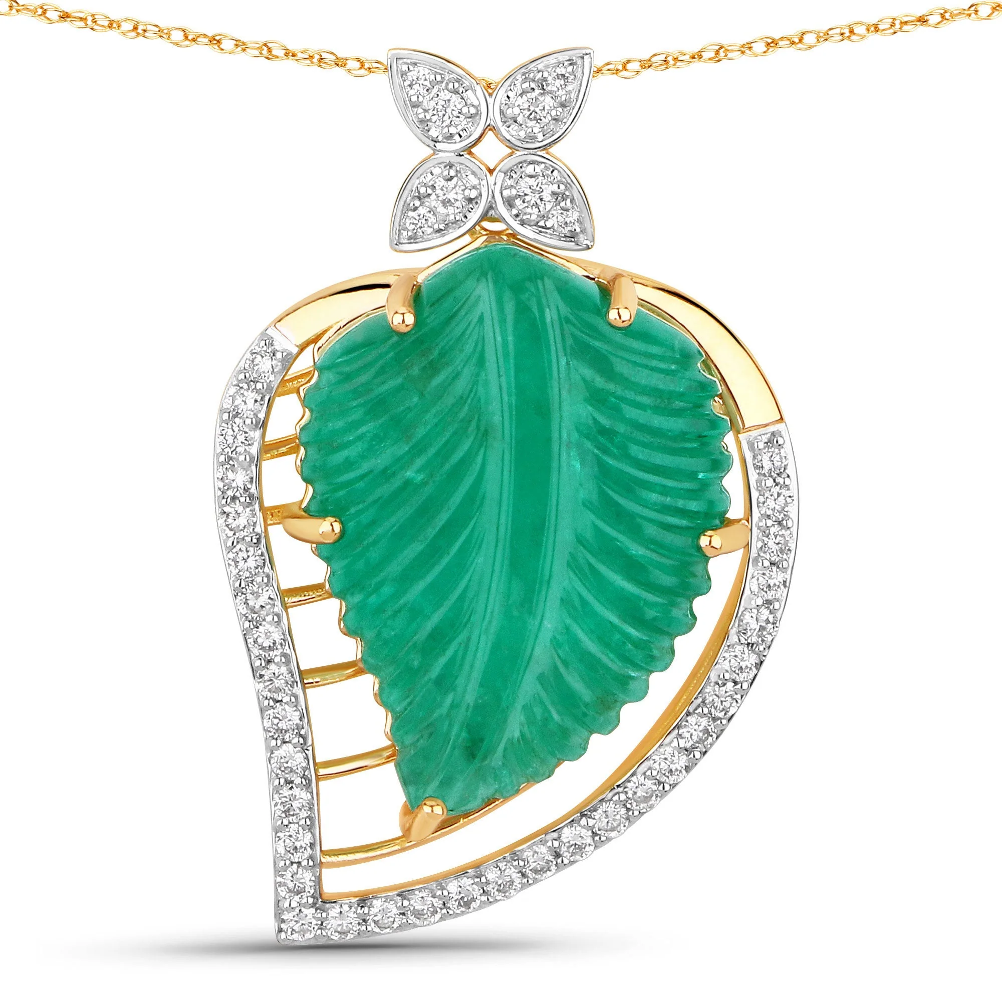 29.67 Carat Genuine Colombian Emerald and White Diamond 14K Yellow Gold Pendant