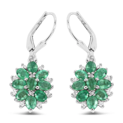 3.04 Carat Genuine Zambian Emerald and White Zircon .925 Sterling Silver Earrings - Image 2