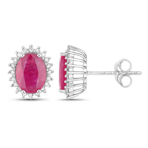 3.14 Carat Genuine Ruby and White Diamond 14K White Gold Earrings - Image 2