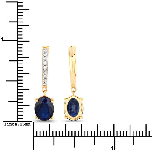 3.24 Carat Genuine Blue Sapphire and White Diamond 14K Yellow Gold Earrings - Image 3