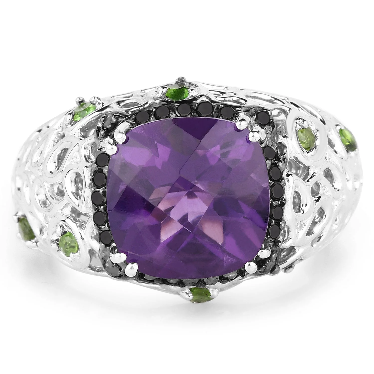 3.27 Carat Genuine Amethyst, Chrome Diopside & Black Diamond .925 Sterling Silver Ring - Image 3