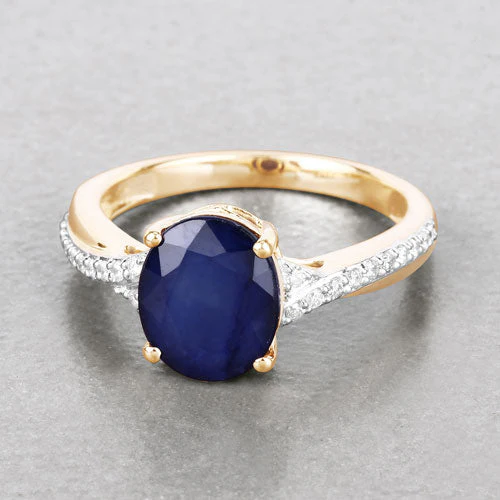 3.28 Carat Genuine Blue Sapphire and White Diamond 14K Yellow Gold Ring - Image 4