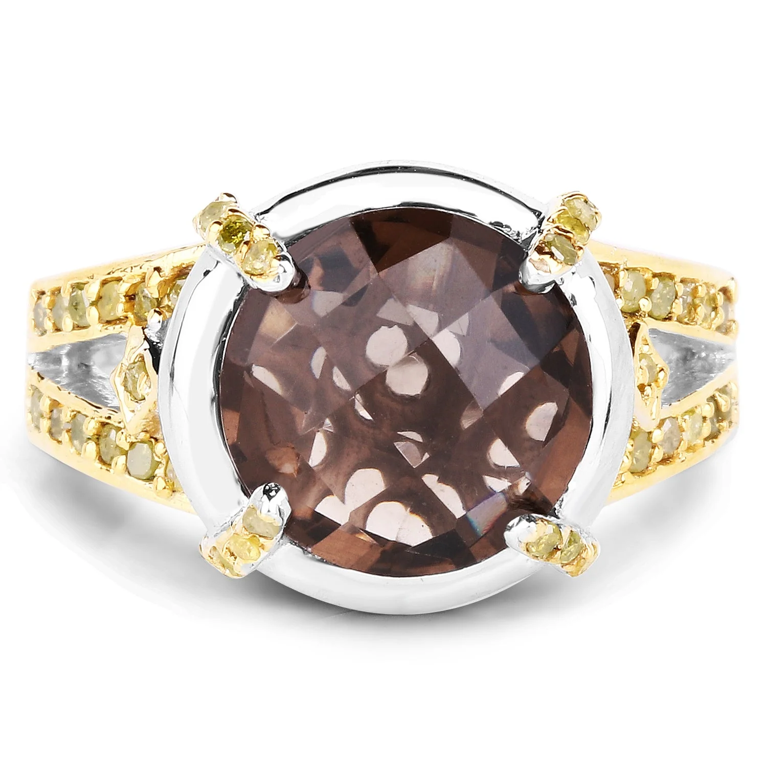 3.28 Carat Genuine Smoky Quartz and Yellow Diamond .925 Sterling Silver Ring - Image 3