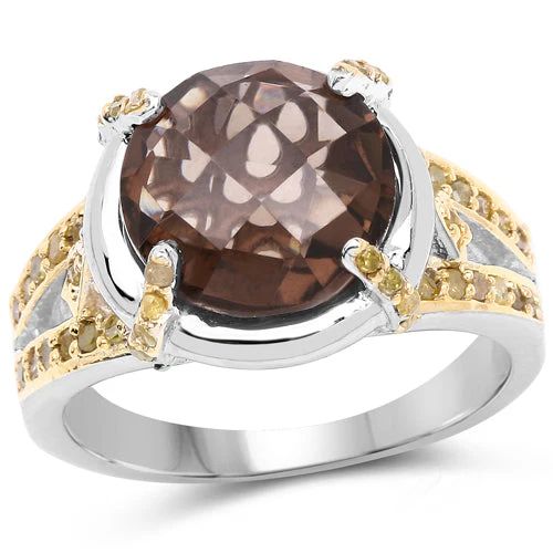 3.28 Carat Genuine Smoky Quartz and Yellow Diamond .925 Sterling Silver Ring - Image 4