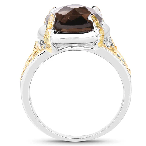 3.28 Carat Genuine Smoky Quartz and Yellow Diamond .925 Sterling Silver Ring - Image 5