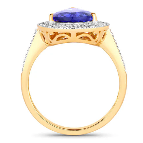 3.37 Carat Genuine Tanzanite and White Diamond 14K Yellow Gold Ring - Image 2