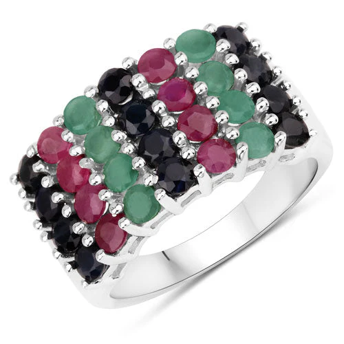 "3.40 Carat Genuine Emerald, Ruby and Black Sapphire .925 Sterling Silver Ring - Image 5