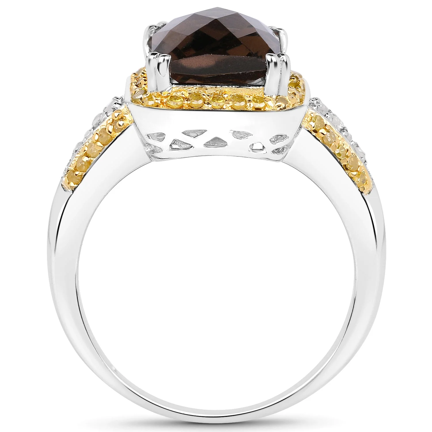 3.48 Carat Genuine Smoky Quartz, Yellow Diamond and White Diamond .925 Sterling Silver Ring - Image 3