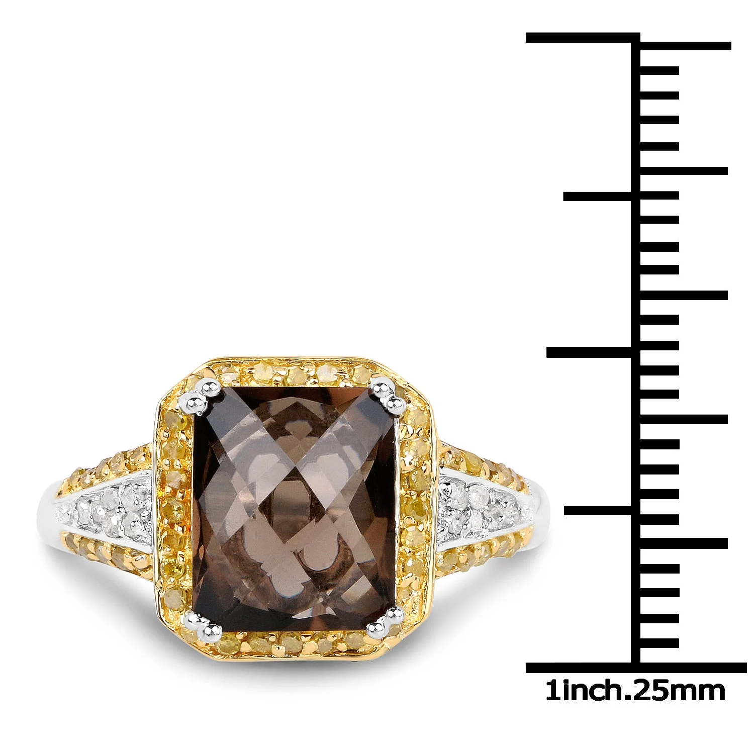 3.48 Carat Genuine Smoky Quartz, Yellow Diamond and White Diamond .925 Sterling Silver Ring - Image 4