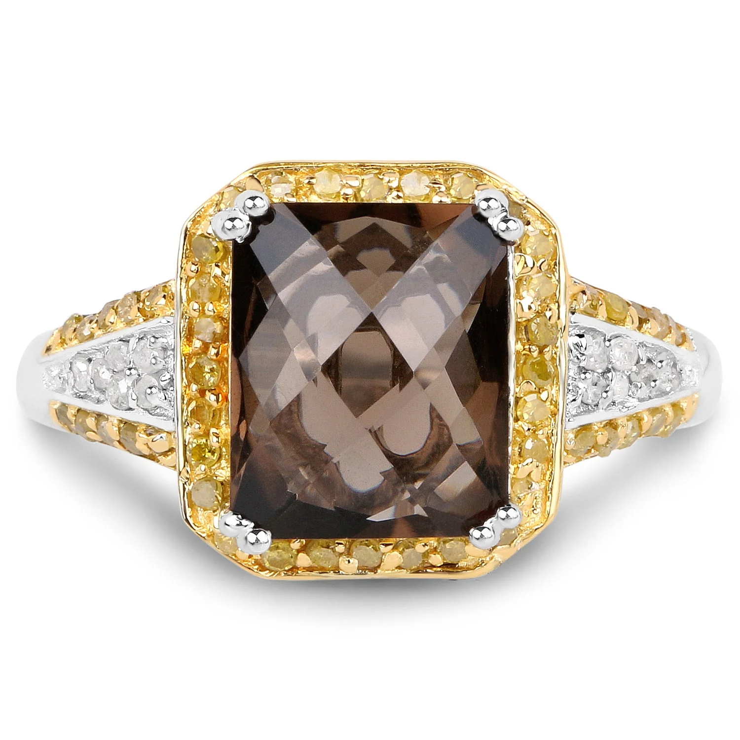 3.48 Carat Genuine Smoky Quartz, Yellow Diamond and White Diamond .925 Sterling Silver Ring - Image 5