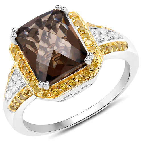 3.48 Carat Genuine Smoky Quartz, Yellow Diamond and White Diamond .925 Sterling Silver Ring - Image 6