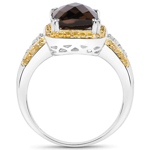 3.48 Carat Genuine Smoky Quartz, Yellow Diamond and White Diamond .925 Sterling Silver Ring - Image 7