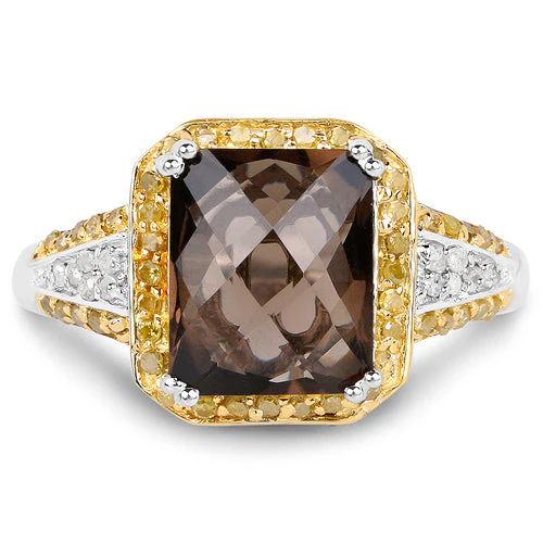 3.48 Carat Genuine Smoky Quartz, Yellow Diamond and White Diamond .925 Sterling Silver Ring - Image 9