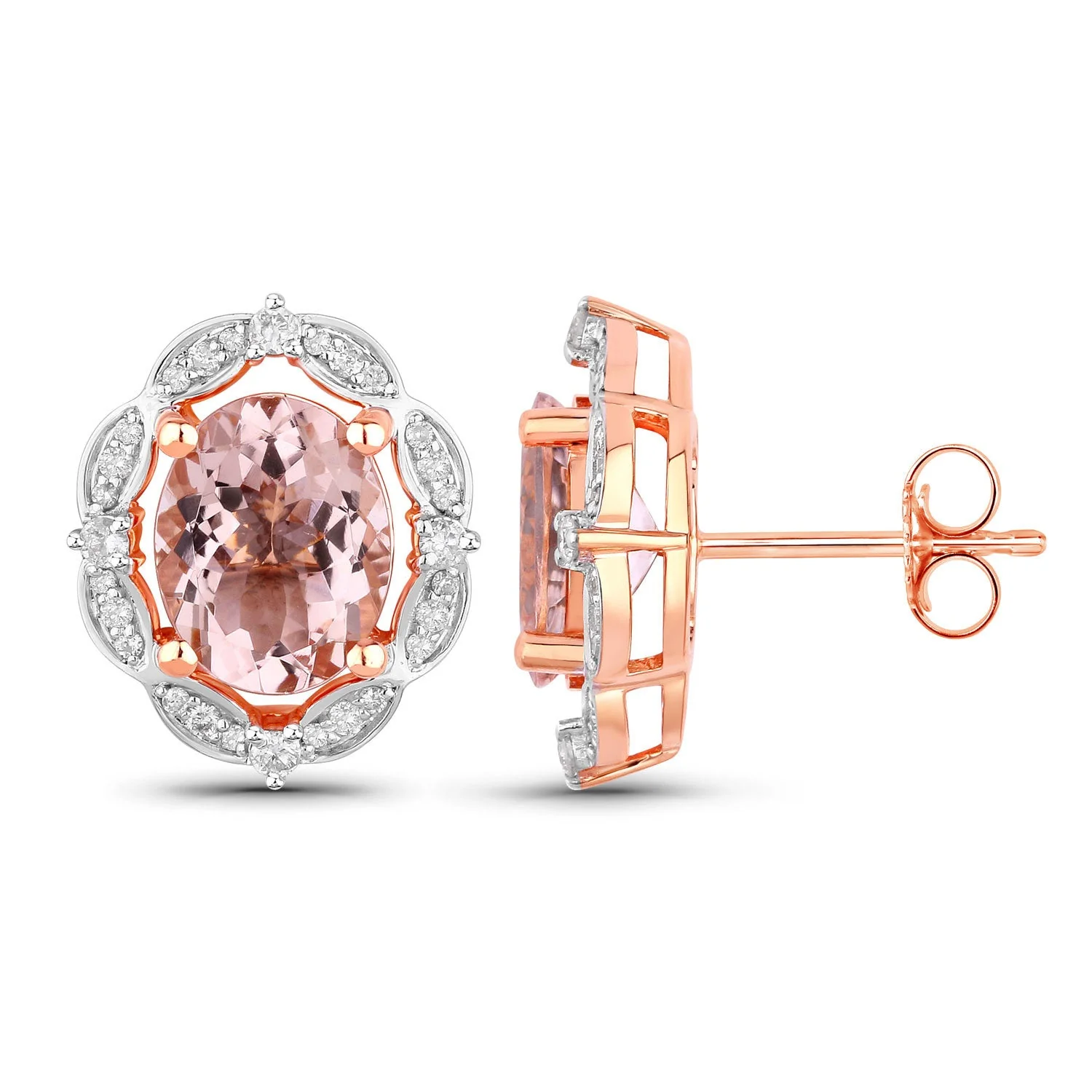 3.52 Carat Genuine Morganite and White Diamond 14K Rose Gold Earrings - Image 2