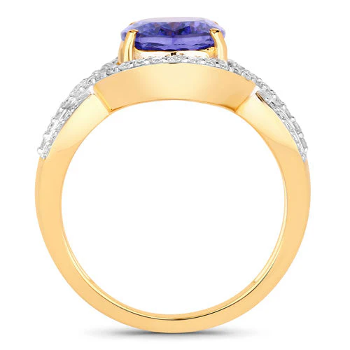 3.56 Carat Genuine Tanzanite and White Diamond 14K Yellow Gold Ring - Image 2