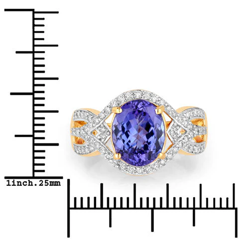 3.56 Carat Genuine Tanzanite and White Diamond 14K Yellow Gold Ring - Image 3