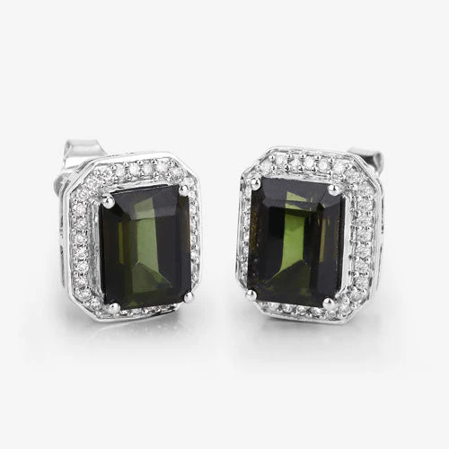 3.57 Carat Genuine Green Tourmaline and White Diamond 14K White Gold Earrings - Image 10