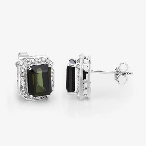 3.57 Carat Genuine Green Tourmaline and White Diamond 14K White Gold Earrings - Image 12