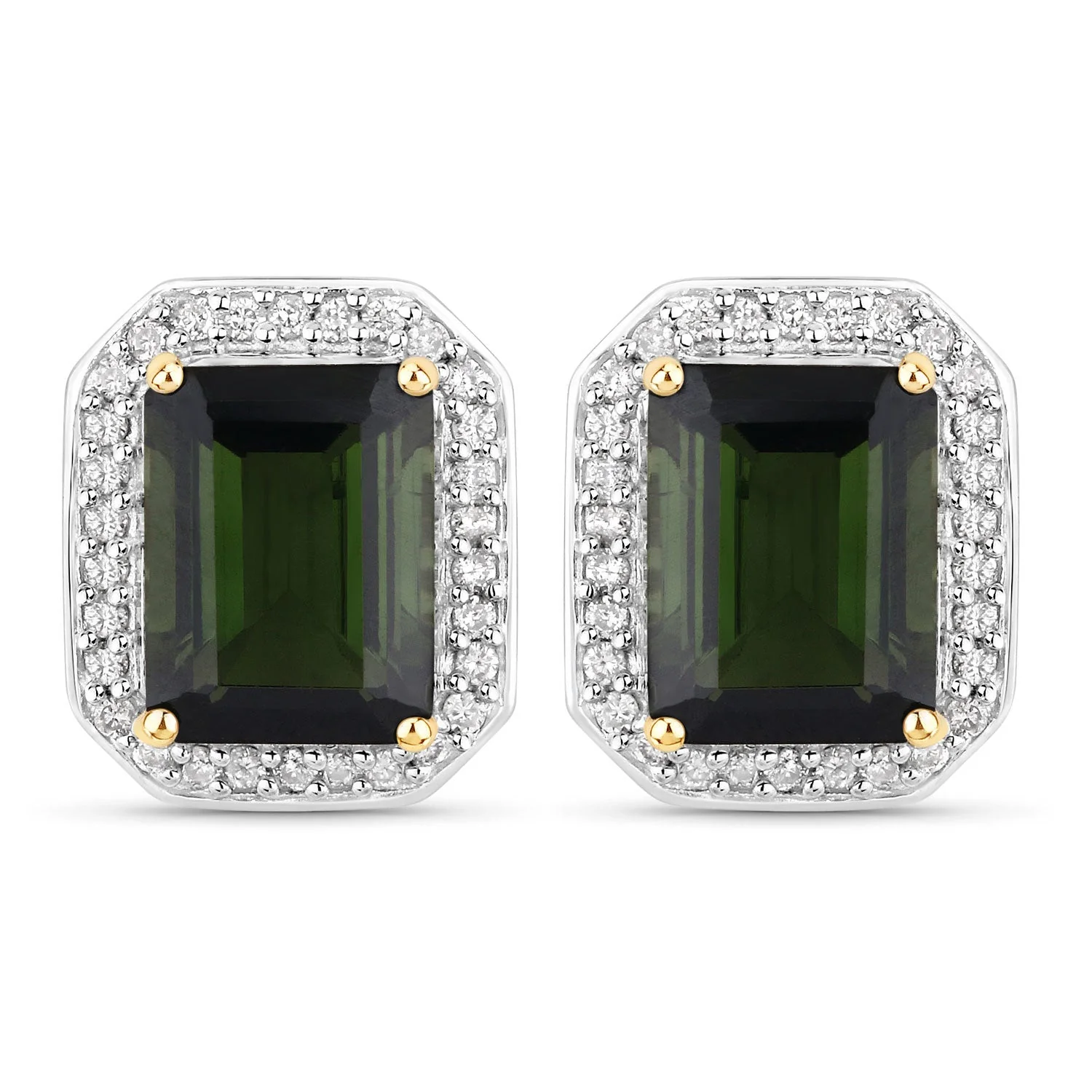 3.57 Carat Genuine Green Tourmaline and White Diamond 14K Yellow Gold Earrings