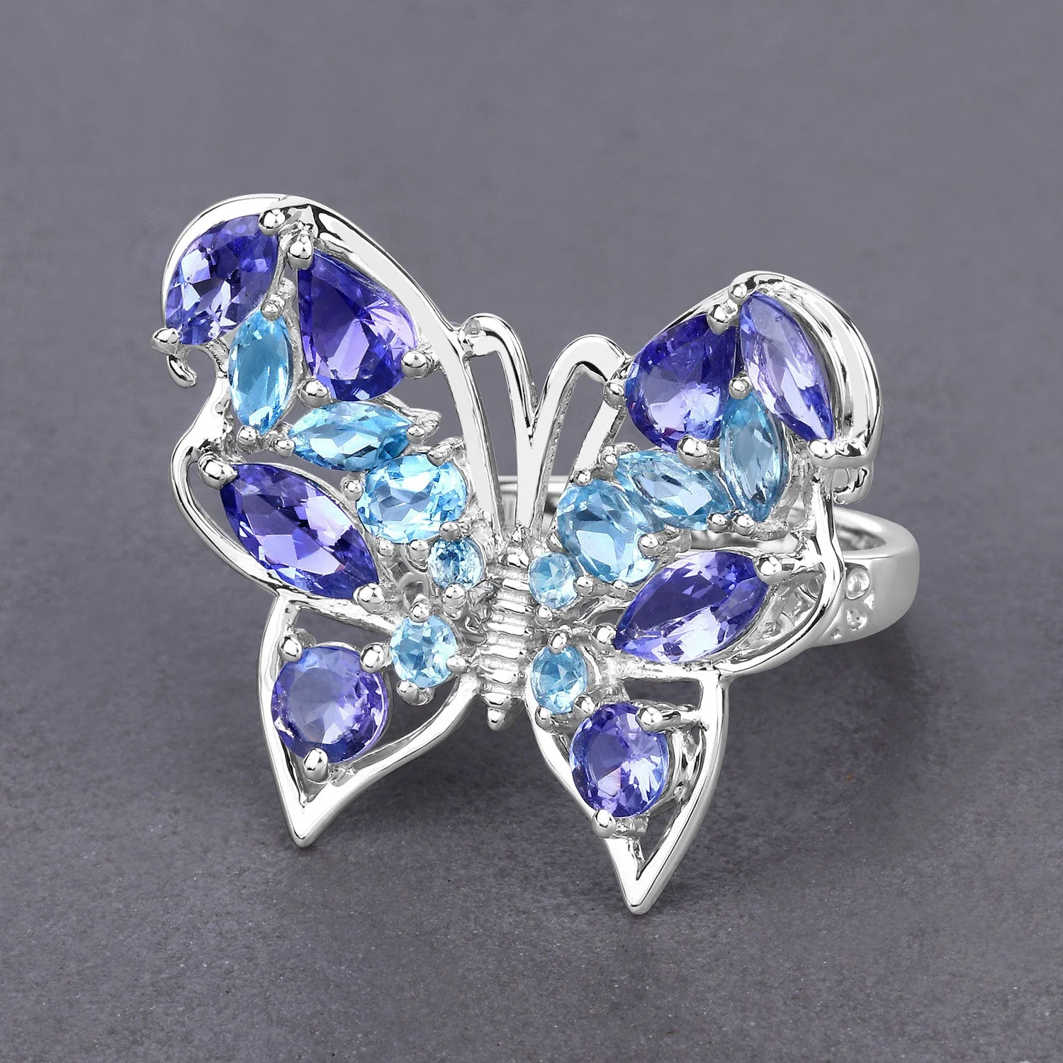 3.60 Carat Genuine Tanzanite and Swiss Blue Topaz .925 Sterling Silver Ring - Image 4