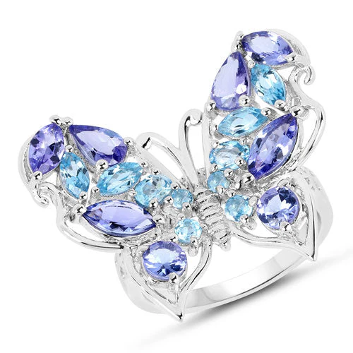 3.60 Carat Genuine Tanzanite and Swiss Blue Topaz .925 Sterling Silver Ring - Image 5