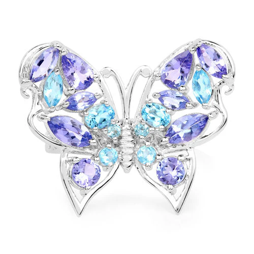 3.60 Carat Genuine Tanzanite and Swiss Blue Topaz .925 Sterling Silver Ring - Image 7