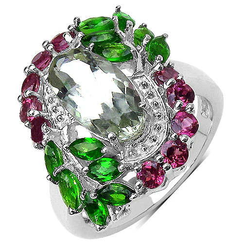 3.64 Carat Genuine Green Amethyst, Chrome Diopside and Rhodolite .925 Sterling Silver Ring - Image 2