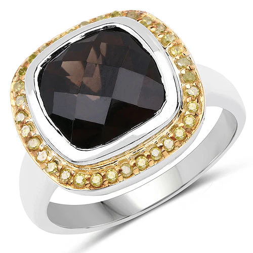 3.67 Carat Genuine Smoky Quartz and Yellow Diamond .925 Sterling Silver Ring - Image 4
